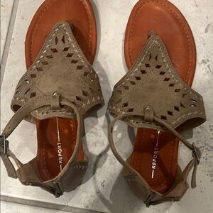 Report Tan Sandals with Geometric Cutouts and Ankle Strap